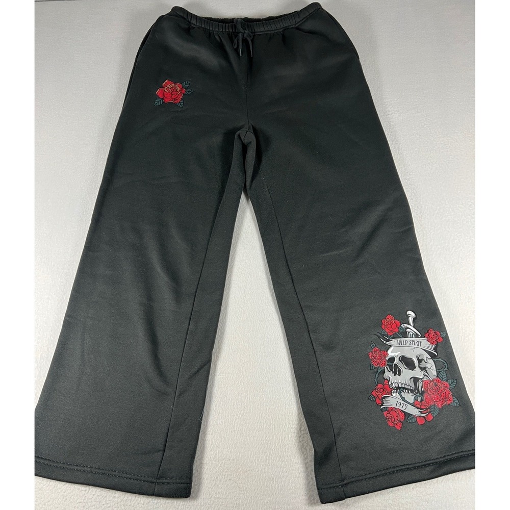 Wild Spirit Skull Rose Sweatpants Womens M Black Excellent Wide Leg 1975 Graphic